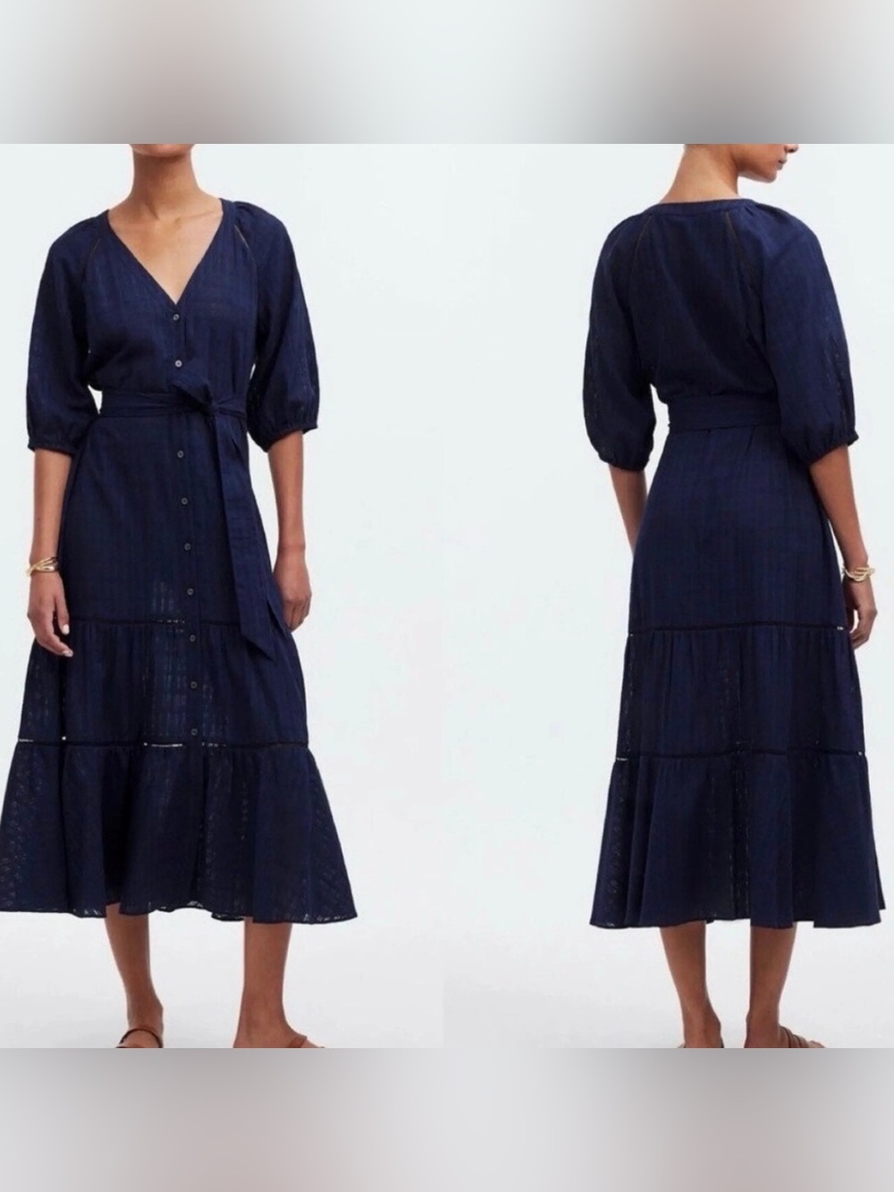 Madewell Navy Blue Tiered Midi Dress Size 12 Button Front Puff Sleeve